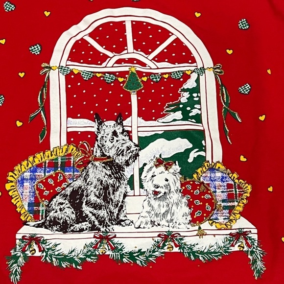 Vintage Holiday Time Dogs Ugly Christmas Sweater Xmas 1990s Red Sweatshirt - Picture 2 of 6